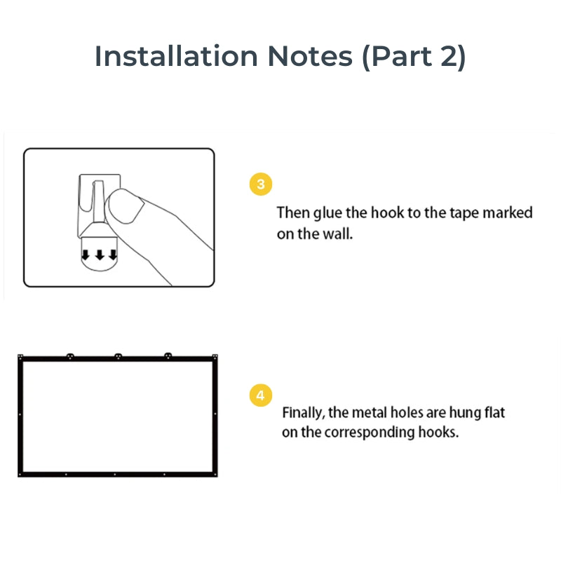Diagram detailing installation notes for a wall-mounted screen, showing a hand pressing an adhesive hook to a wall in step 3 and a rectangular screen frame with multiple metal hanging holes ready to be hung in step 4, both steps highlighted with yellow numbered circles