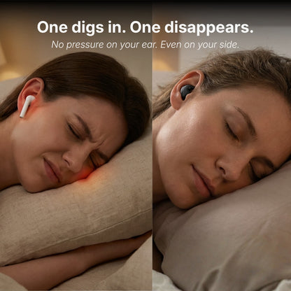 Side-by-side photograph showing a woman on the left grimacing in pain with a large white earbud and a red glow at her ear, contrasted with the same woman sleeping peacefully on the right with a small, discreet black earbud