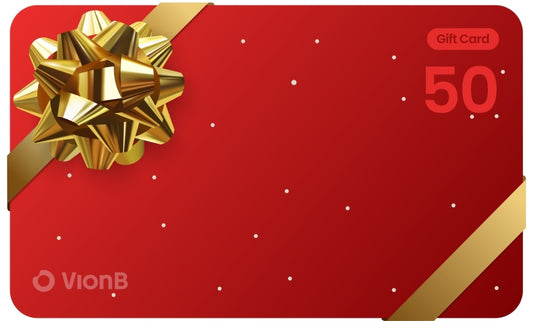 Digital graphic of a VionB gift card on a vibrant red background adorned with a golden bow, matching ribbon, "Gift Card 50" text, and scattered white dots