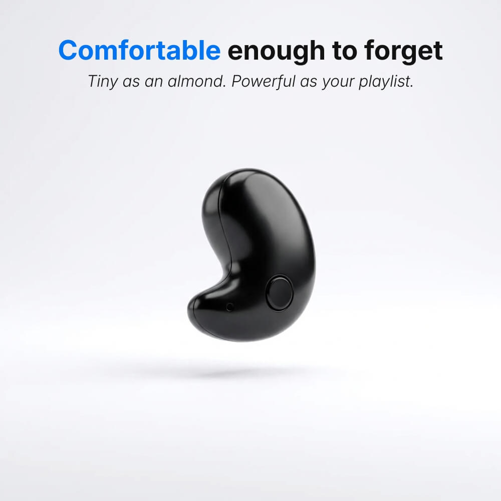 Product photograph of a single small glossy black wireless earbud with a circular control button floating above a clean white studio background featuring overlay text Comfortable enough to forget Tiny as an almond Powerful as your playlist