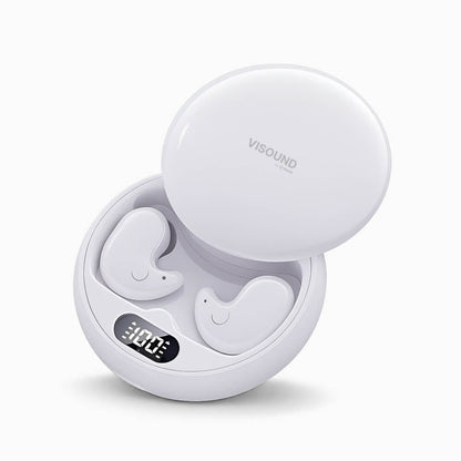 Product Photography, Visound: White wireless earbuds nestled in their open charging case against a clean background, showcasing a '100' digital battery display and whimsical heart-shaped earbud designs