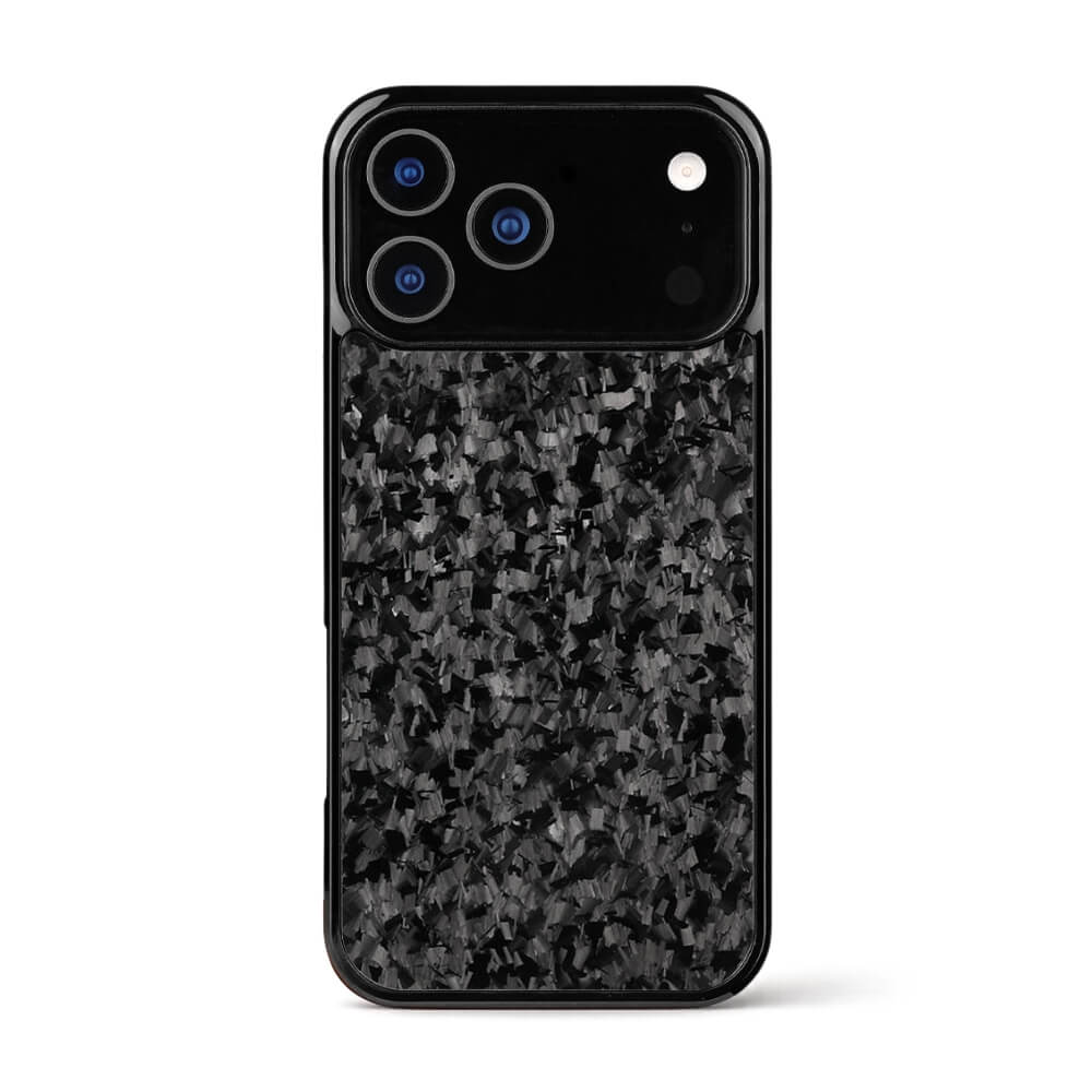 Back of an iPhone featuring a black forged carbon fiber protective case with a visible triple camera system and flash module