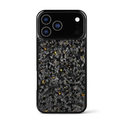 Digital photograph of a black iPhone case with a forged carbon texture featuring scattered golden yellow flecks, showcasing three camera lenses and a flash cutout