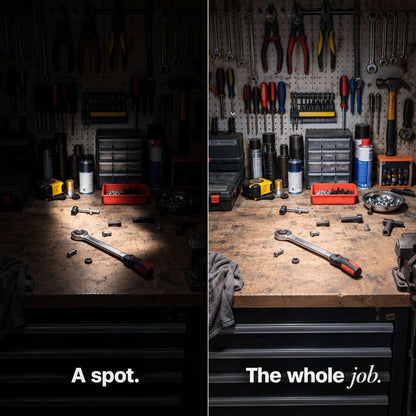 A narrow spot of light on a workbench next to the same bench fully lit