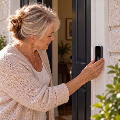 Woman in her late 60s pressing the Glow push button onto her door frame, no tools