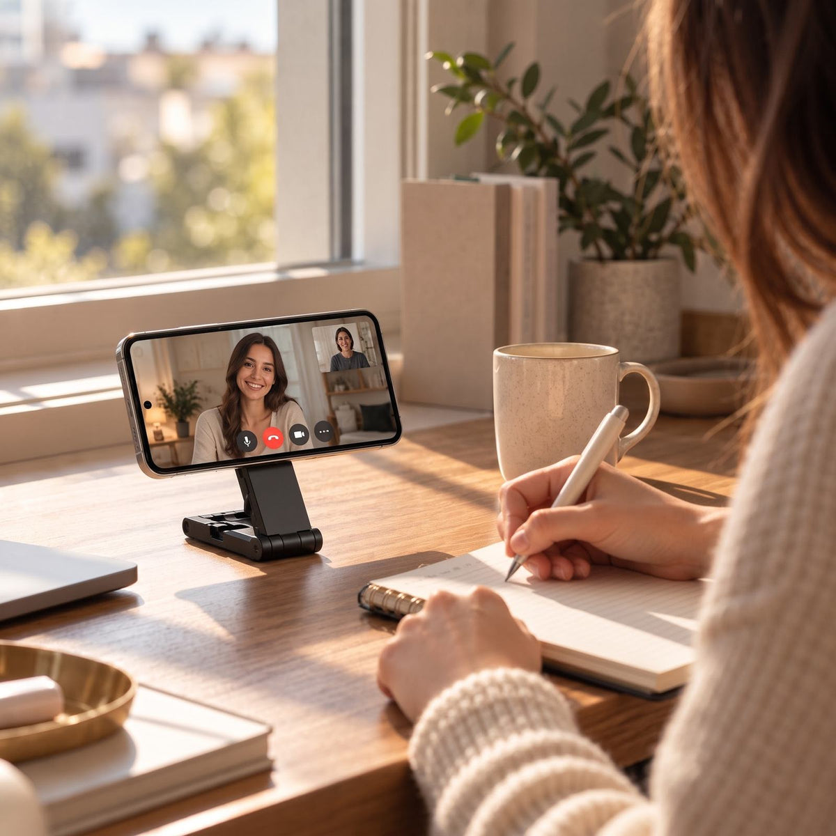 Pose propping a phone on a desk for a video call while hands write in a notebook