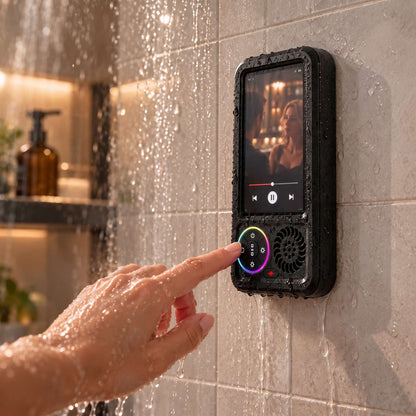A wet hand tapping the control ring in the shower