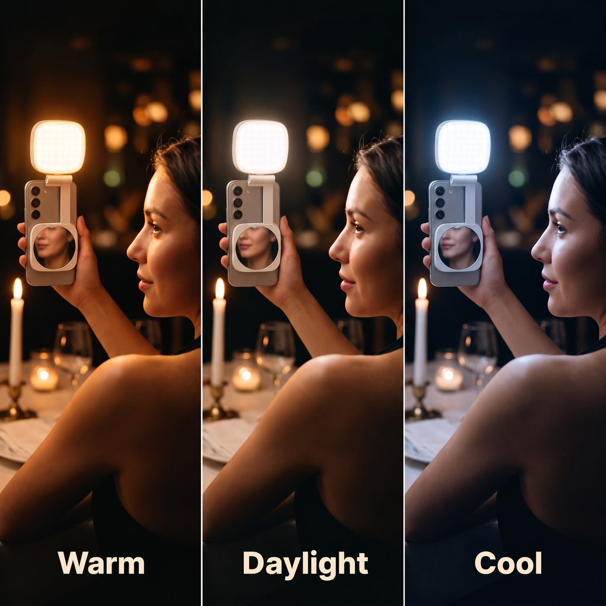 Three panels showing the Studio light in warm, daylight and cool tones on the same face