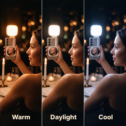 Three panels showing the Studio light in warm, daylight and cool tones on the same face