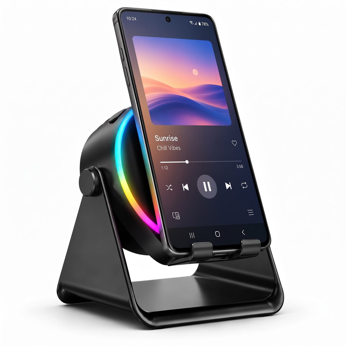 ViSound Tap induction speaker stand in Black with a phone standing on it, light ring glowing