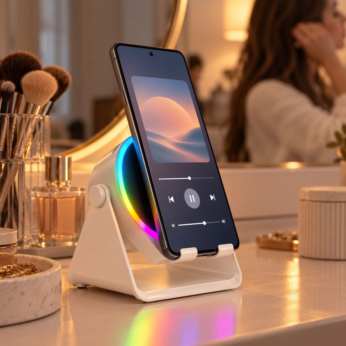 ViSound Tap in White on a vanity with a phone standing on it, light ring glowing