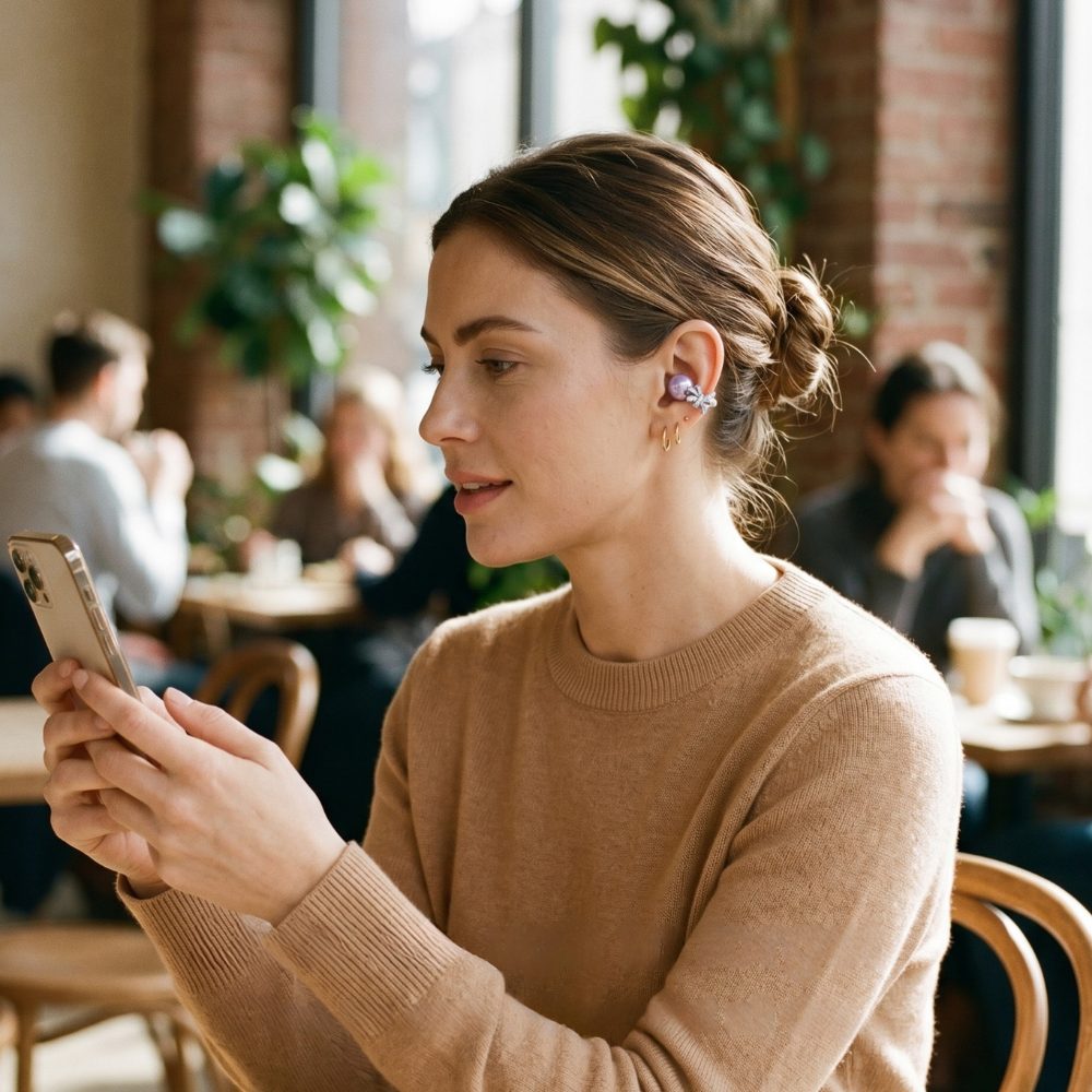 Woman in a cafe checking her phone, wearing ViSound Adorn clip-on earbuds