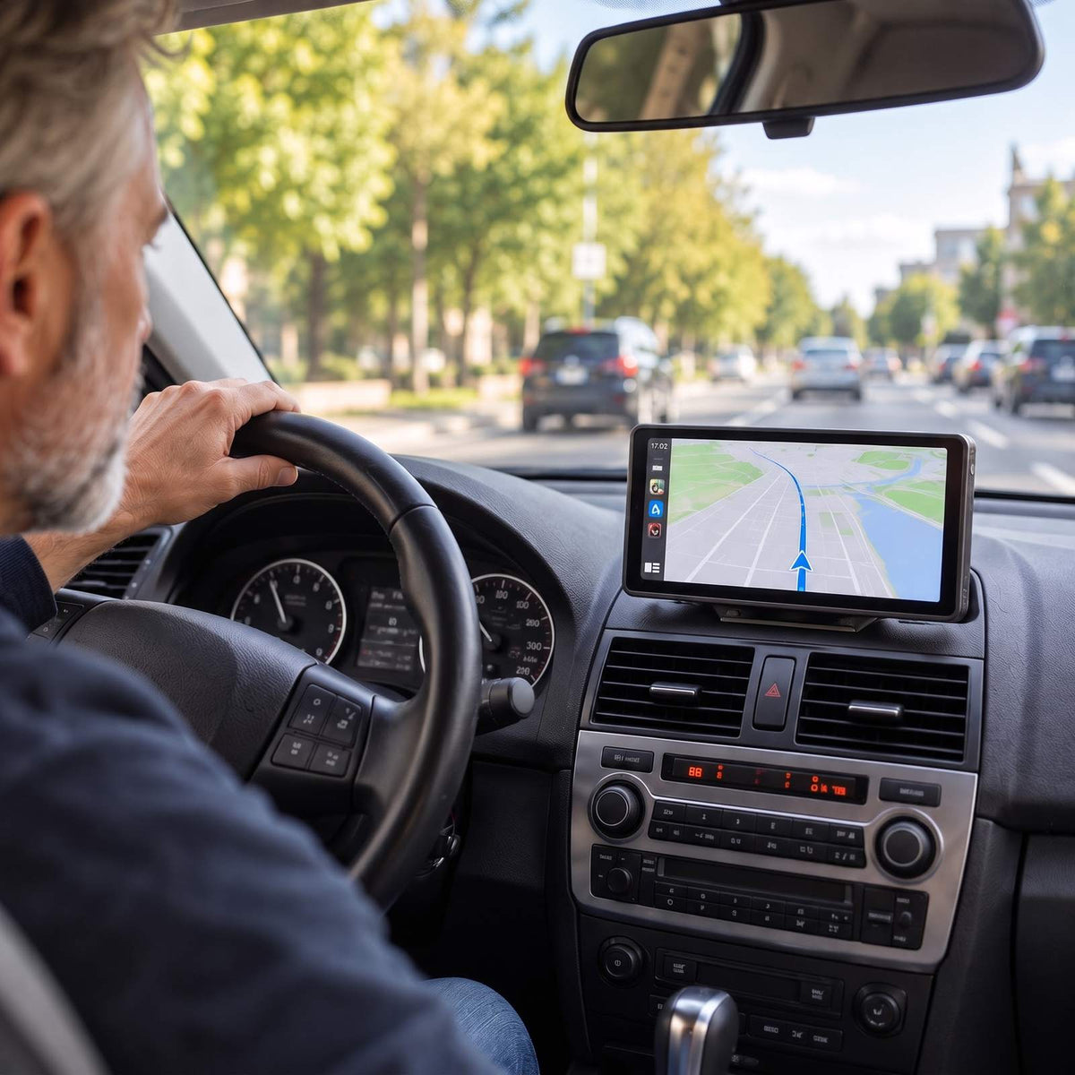 Man driving with ViDrive showing a map on the dashboard
